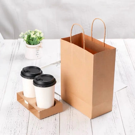 Custom Bulk Cafes Recycled 4 Sides Kraft Paper Gift Shopping Bags Carry Craft Coffee Brown Bag With Handles