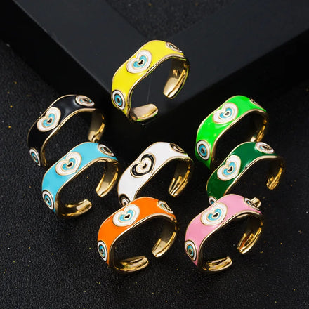 Vintage Colorful Enamel Heart Evil Eyes Rings Bohemia Gold Dripping Oil Heart Eye Rings for Girls