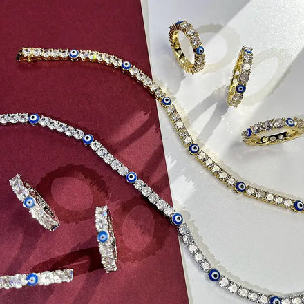 Jialin Women Ins Fashion Eyes Blue Eye Ring Diamond Tennis Bracelet Men Evil Eye Jewelry Set Women Simple Style Jewelry
