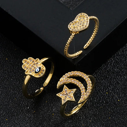 New Design Simple Adjustable Star Heart Hand Fatima Rings Gold Plated Hamsa Hand Open Rings for Girls