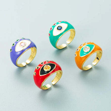 Fashion Jewelry Rings Bohemia CZ Colorful Dripping Oil Devil Eyes Open Rings Multi Color Enamel Evil Eyes Womens Rings