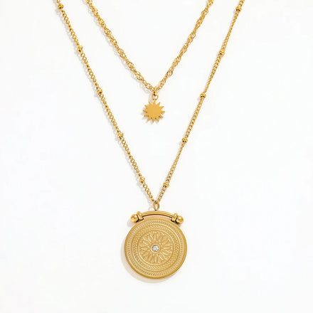 Fenny Wholesale 18K PVD Plated Double Layered Beaded Chain Coin Star Burst Pendant Stainless Steel Necklace for Women