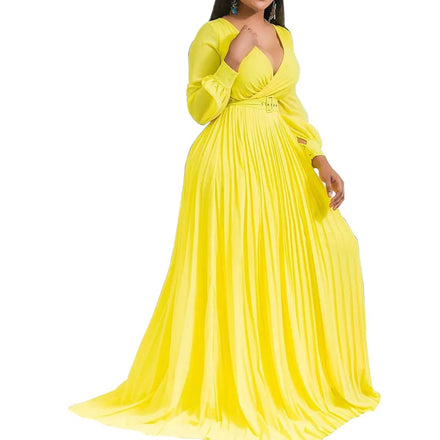 2023 Amazo Colorful Deep V Pleated Front Skirt Plain Pleated Full-length Dress for Women