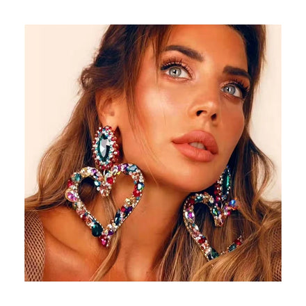 Rsingmoon Vintage Statement Heart Earrings Retro Heart Pendant Rhinestone Drop Earrings for Women Gift