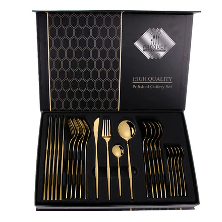 LEHAO Luxury 24pcs Silverware Dining Cutlery Set High Quality Gold Plated Mirror Portuguese Eco-Friendly Wedding Spoon Flatware