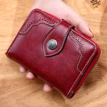 Women Wallet Vintage Oil Wax Pu Women's Short Purse Classic Simple Atmosphere Zipper Women's Purse