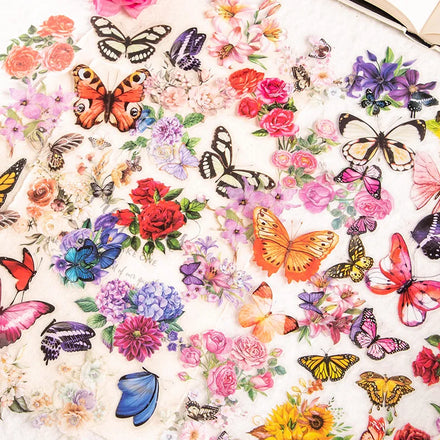 50Pieces/Pack Sticker Package Butterfly Love Flower Series Butterfly Plant Collage Material Decoration Hand Account 6 Models