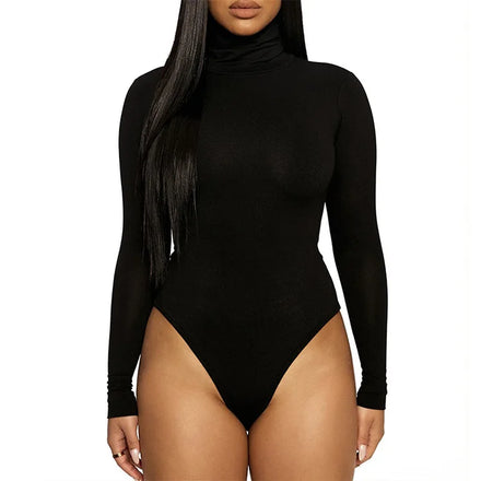 Women Long Sleeve Compression Stretchy Soft High Neck One Piece Thong Bodysuit