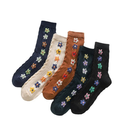 Women's Cotton Foot Socks Colorful Flowers Retro Art Sweet Relief Thread Anti-Slip Fall Spring Autumn Women's Stockings Fashion