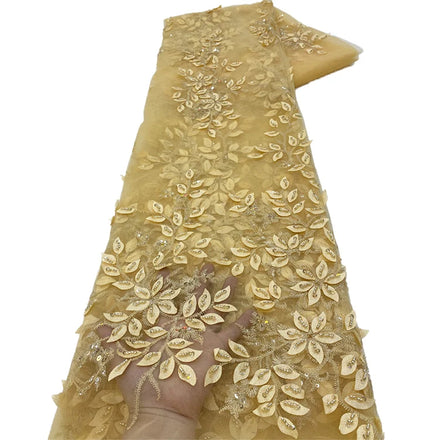 Luxury Glitter Applique Leaf Pattern African Beaded Lace Fabric Embroidery Beads 3D Lace Fabric