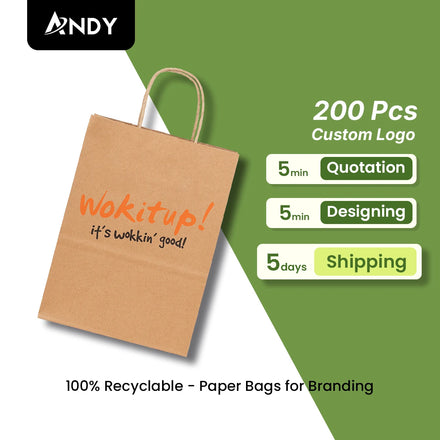 Custom Logo Printed Brown Kraft Paper Bags with Handles Recycled Shopping and Restaurant Takeout Packaging