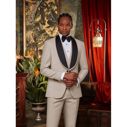 Formal Beige Suits for Men Black Shawl Lapel Single Breasted Luxury 3 Piece Jacket Pants Vest Prom Party Clothing Custom Made