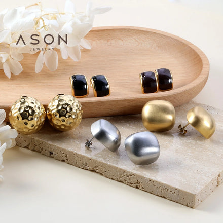 Ason Fashion Curved Rectangular Jewelry 18K Gold Plated Stainless Steel Hammered Texture Hollow Ball Hoop Stud Earring for Women