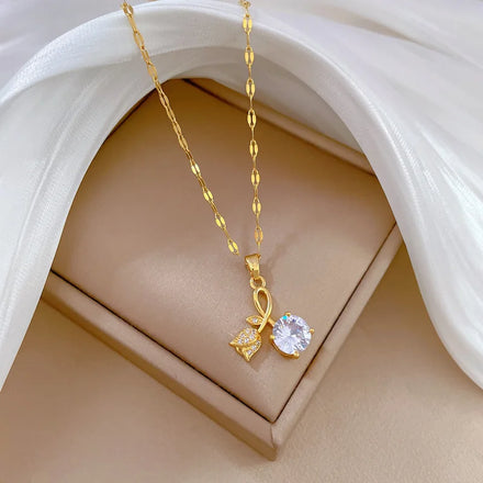Wholesale Diamond Flower Zircon 18k Gold Plated Stainless Steel Rose Flower Charms Crystal Gold Necklace Jewelry