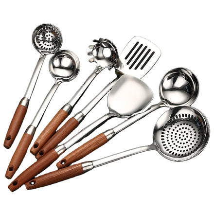 7Pcs Stainless Steel Cooking Utensils Set Natural Wooden Handle Heat Resistant Wok Spatula Soup Ladle Kitchen Tool Set
