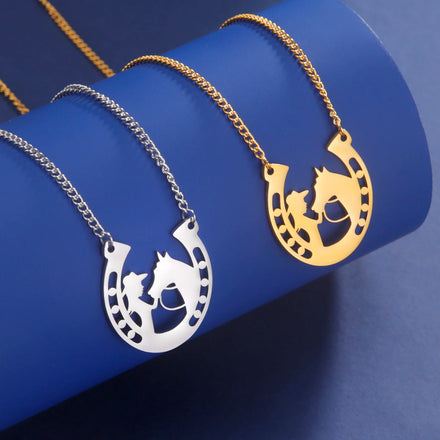 Horseshoe Pendants Necklaces Stainless Steel Loving Horse and Girl Necklace Jewelry Gift for Girlfriend Best Friend New in