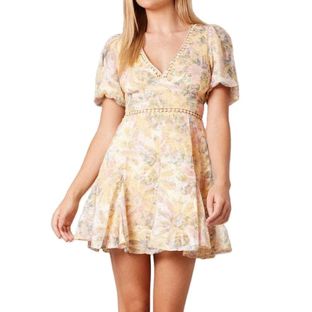 New 2024 Yellow Floral Bud V-Neck Short Sleeve Sweet Natural Waist Eco-Friendly Washable Button Women Summer Casual Dresses
