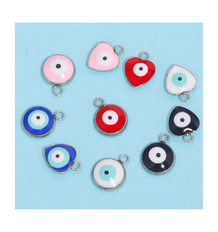 Stainless Steel Colorful Enamel Round Heart Shape Turkish Evil Eye Charm Pendant for DIY Bracelet Jewelry Making