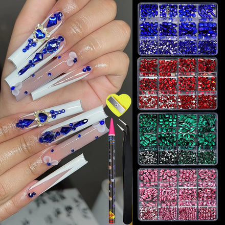 Misscheering Hot Selling Nail Art Accessories 12 Grid Rhinestone Jewelry AB Flat Bottom Diamond Nail Shaped Diamond Cover Box