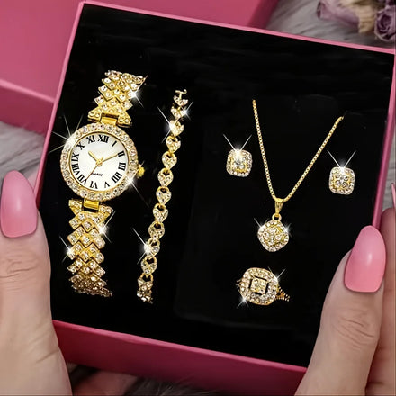 2026 Fashion Luxury Full Crystal 5 Pcs Watch Set Diamond Necklace Earrings Bracelet Ring Jewelry Set for Women Gift