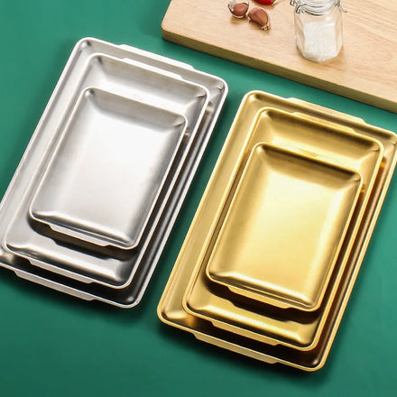 Korean Style Gold Luxury 304 Stainless Steel Korean Barbecue Plate Rectangular Golden Ornaments Western Style Barbecue Plate