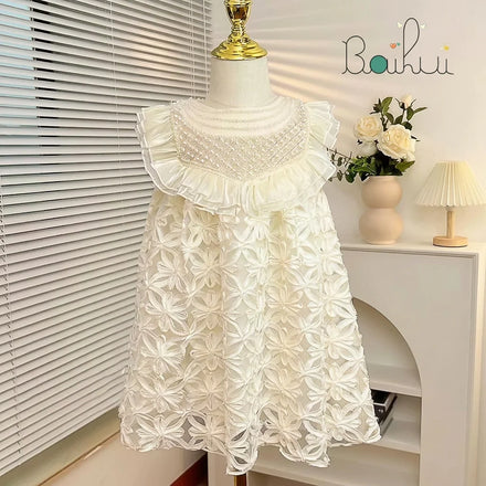 Korean Style Pearl Design Children's Princess Dress Fashion Beige Little Baby Girl Birthday Dresses Flower Dress Child l Party
