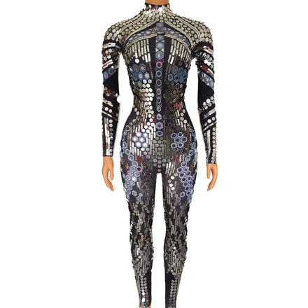 Sequin Bodysuit Plus Size Dance Leotard Stage Performance Wear Women Sexy Club Party Bodycon One Piece Rhinestone Jumpsuit
