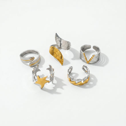 QIAOREN 12964-67 Gold Plated Stainless Steel Two Tone Snake Star Adjustable Rings Set Tarnish Free Waterproof Jewelry