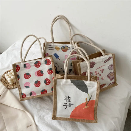DICHOS Newest Selling Ladies Hand Bags Open Flowers Two-Strap Foldable Waterproof Japanese Cartoon Canvas Bento Bag Female Tote