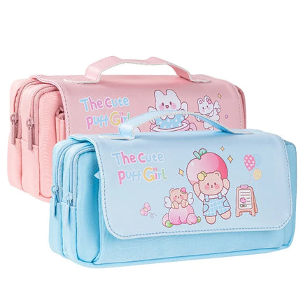 Deli BC263 Cartoon Printed Three-layer Large-capacity Pencil Pouch Portable Handle Multipurpose Pencil case 96pcs Per Carton Set