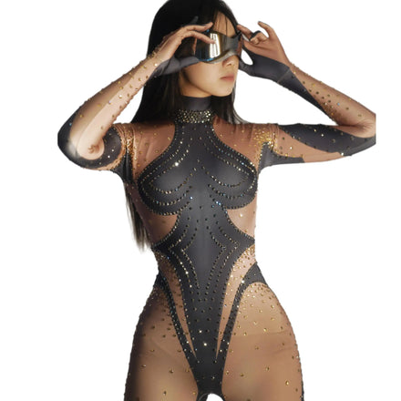 Crystal Pole Dance Leotard Spandex Bodysuit Club Party Rompers Women Sexy Stage Performance Jumpsuits