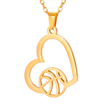 Sporty Casual Stainless Steel Pendant Necklace with Basketball and Heart Link Chain Jewelry Gift