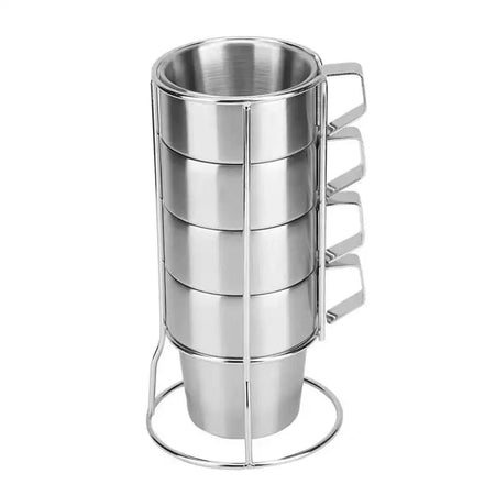 Chenfan Stackable Stainless Steel Coffee Mugs Small Insulated Coffee Mug Silver Tea Cups with Handle and Metal Stand for Camping