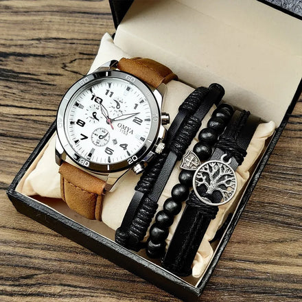 Men Leather Watch bracelet 5 PCS/Set Gift box for Men watches Bracelet set Leather Strap Quartz watch Clock Gift relojes