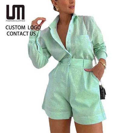 Liu Ming Popular Products New Women Casual Suits Long Sleeve Shirt and Short Pants Two Piece Set