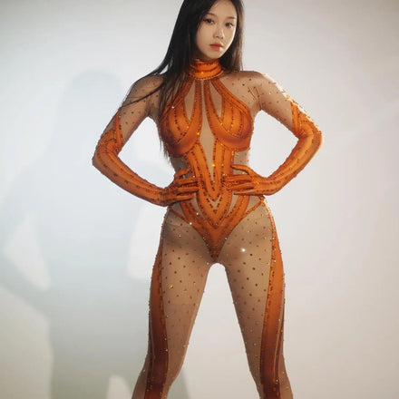 Women Club Jumpsuits Long Sleeves with Gloves Leotard Stripper Outfits Exotic Dancewear Spandex Rompers One Piece Bodysuit