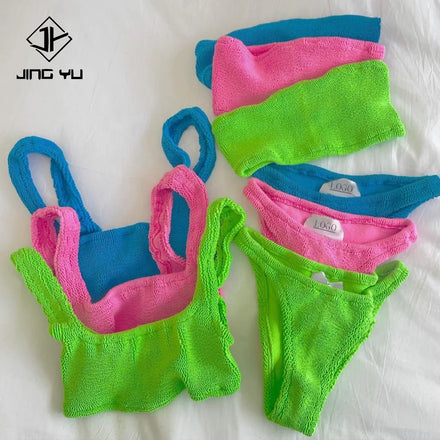 Custom Logo Women Sporty Top and Thong Bottom Crinkle Bikini Set High Cut Textured Stretchy Swimwear