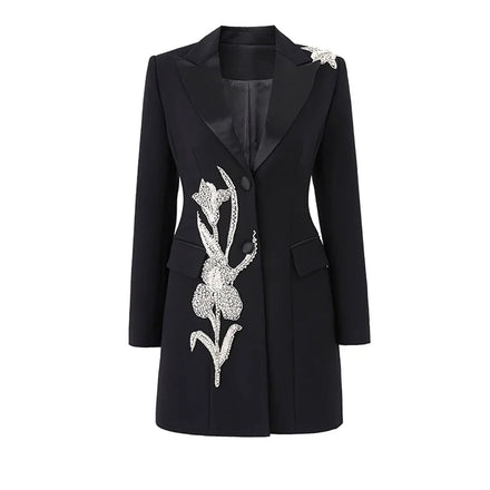 2025 Spring Fine Workmanship Beading Flower Two Buttons Long Sleeve Women Office Solid Blazer Short Mini Notched Jackets