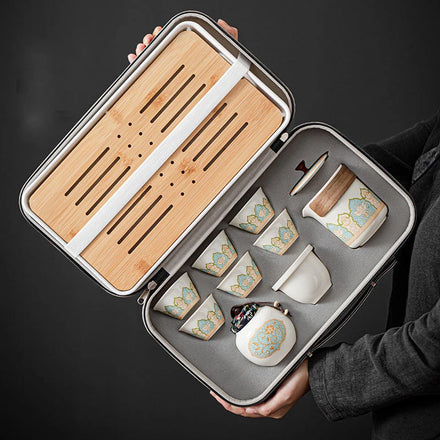All-In-One Portable Outdoor Chinese Tea Set Classic Design Includes Porcelain Teapot Tray Infuser Travel Gift Bag Ceramic