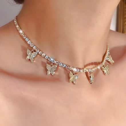 Hip Hop Style Short Neckchain Water Diamond Butterfly Cuban Pendant Necklace