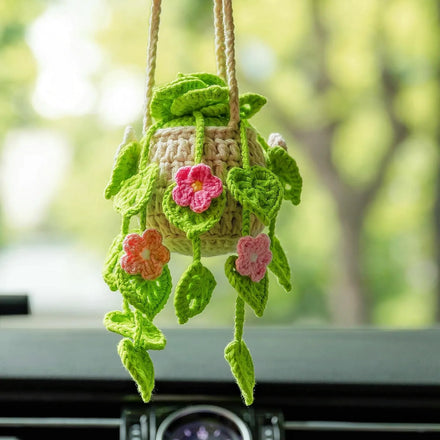 Cute Crochet Potted Plants with Handmade Knitted Mirror Accessories Car Rearview Mirror Decorative Cozy Woolen Hanging Ornament