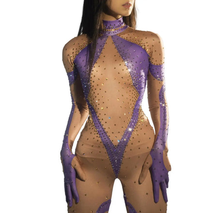 Sexy One Piece Bodysuit Dance Costumes Performance Outfits Women Spandex Rompers Night Club Rhinestone Jumpsuit