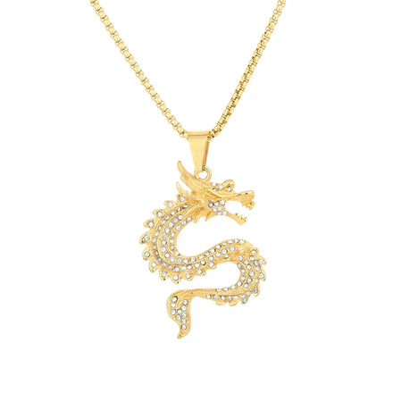 Hip Hop Stainless Steel Gold Plate Zircon Beads Paved Dragon Pendant Chain Available Necklace Jewelry for Men and Women