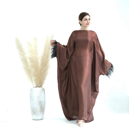 Luxury Muslim Women Evening Dresses Long Sleeve Feather Trim Abaya Elegant Shimmer Eid Abaya Dubai Dress