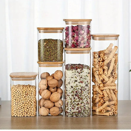 5pcs/set 71Oz 46Oz 19Oz Square Glass Storage Jars With Bamboo Airtight Lids