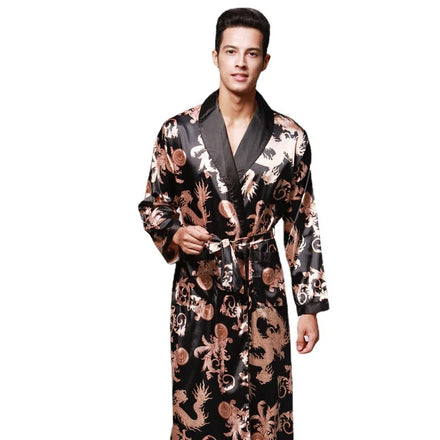 Gold Printing Satin Luxury Casual Couple Pajamas Men Summer Bathrobe Long Sleeve Men's Printed Home Wear