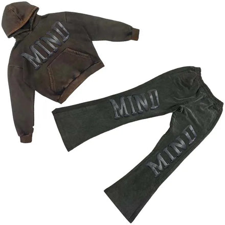 Custom Own logo 100% Cotton Terry Distressing Vintage Acid Wash Hoodie and Flared Sweats Pant Sweat Suit