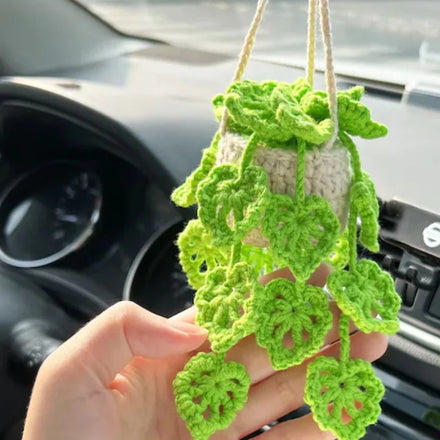 Cute Crochet Potted Plants with Handmade Knitted Mirror Accessories Car Rearview Mirror Decorative Cozy Woolen Hanging Ornament
