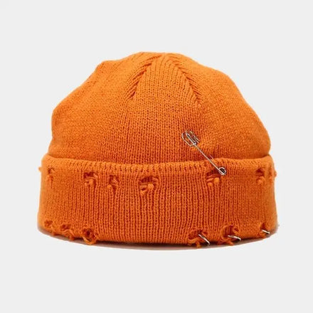 New Gothic Distressed Beanie Winter Warm Knit Hats Trendy Metal Rings Pin Hip Hop Skull Cap