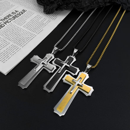Men's 18K Gold Plated Three-Layer Cross Pendant Necklace Hip Hop Style Shiny Polished Stainless Steel Cutout Link Chain